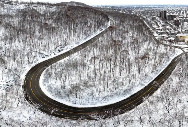 An aerial view of Camillien-Houde Way on Mount Royal in Montreal on Dec. 8, 2023.
